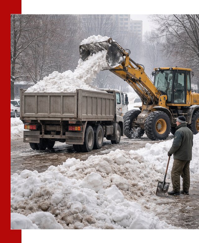Вывоз снега грузовой техникой в октябрьском оперативно и чисто