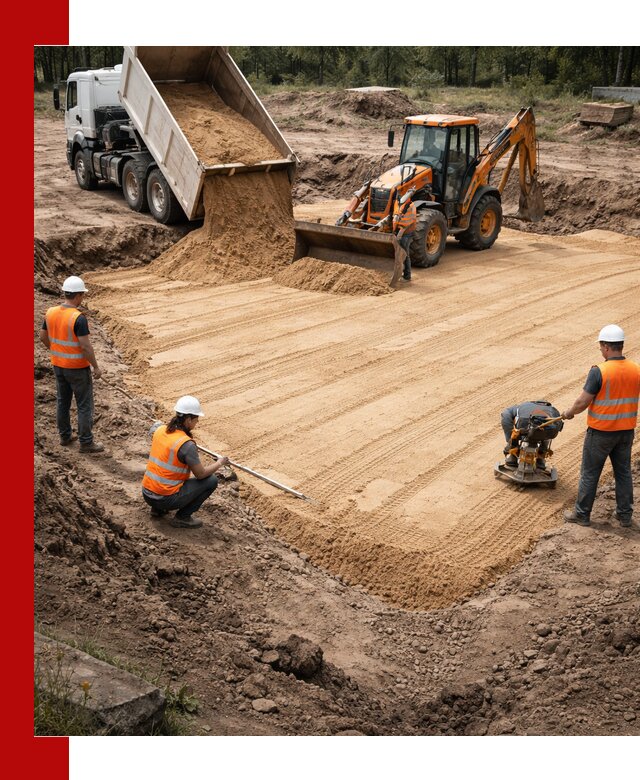 Устройство песчаной подушки для фундаментов и дорог в октябрьском